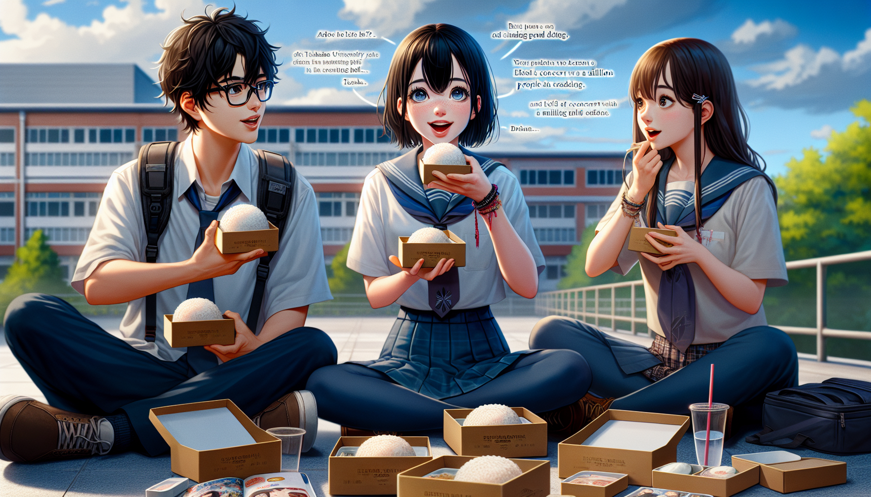 <b>簡潔な説明：</b>学生たちが学校の外でおにぎりを食べながら笑顔で会話しているシーン。<br><br><b>詳細な説明：</b>この画像には、3人の学生が学校の外で一緒に座り、食事を楽しんでいるシーンが描かれています。彼らは白いおにぎりを含む箱を持っており、笑顔で会話を交わしている様子が見受けられます。背景には学校の建物があり、リラックスした雰囲気が漂っています。学生たちは制服を着ており、友情や楽しさを感じさせるシーンです。