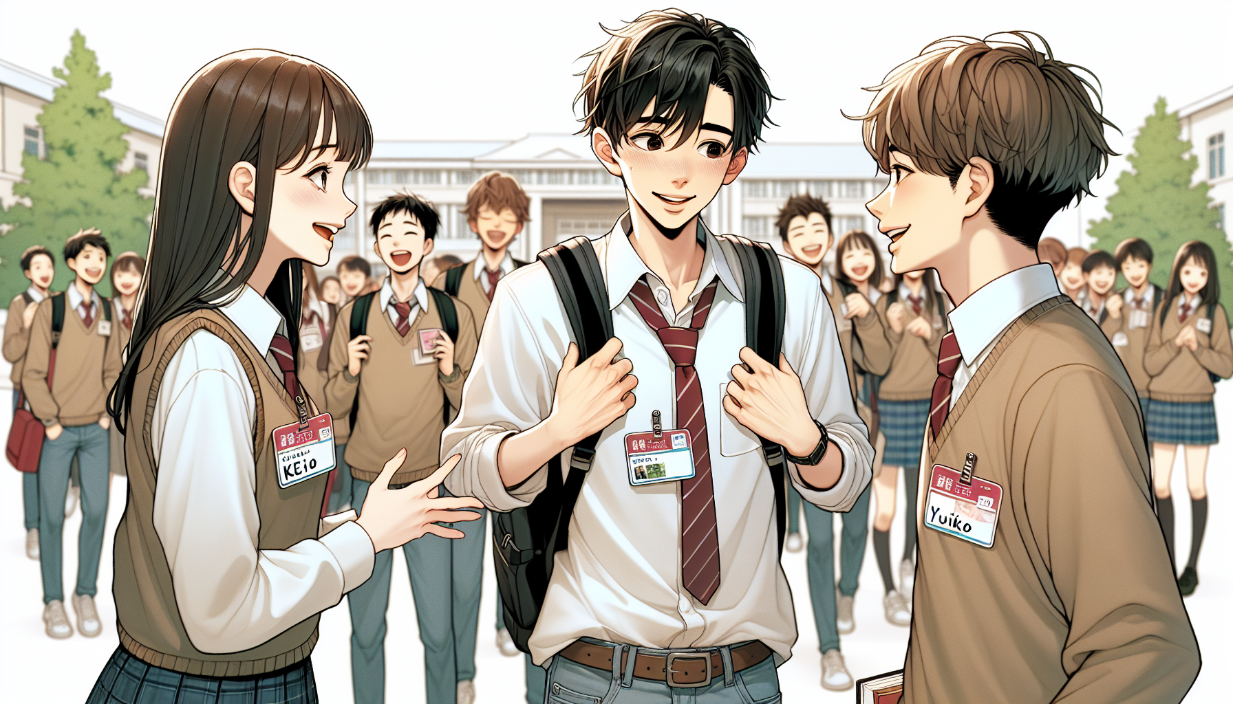 <b>簡潔な説明：</b>学校の校庭で楽しそうに交流する学生たち。<br><br><b>詳細な説明：</b>この画像には、学校の校庭で交流する学生たちが描かれています。中央には二人の男子学生と一人の女子学生がいて、楽しそうに話しています。男子学生はカジュアルな服装で、バックパックを背負っています。女子学生は笑顔で、相手に話しかけています。背景には他のクラスメートたちもいて、彼らも楽しそうに見えます。このシーンは、青春や友情の瞬間を表現しているようです。