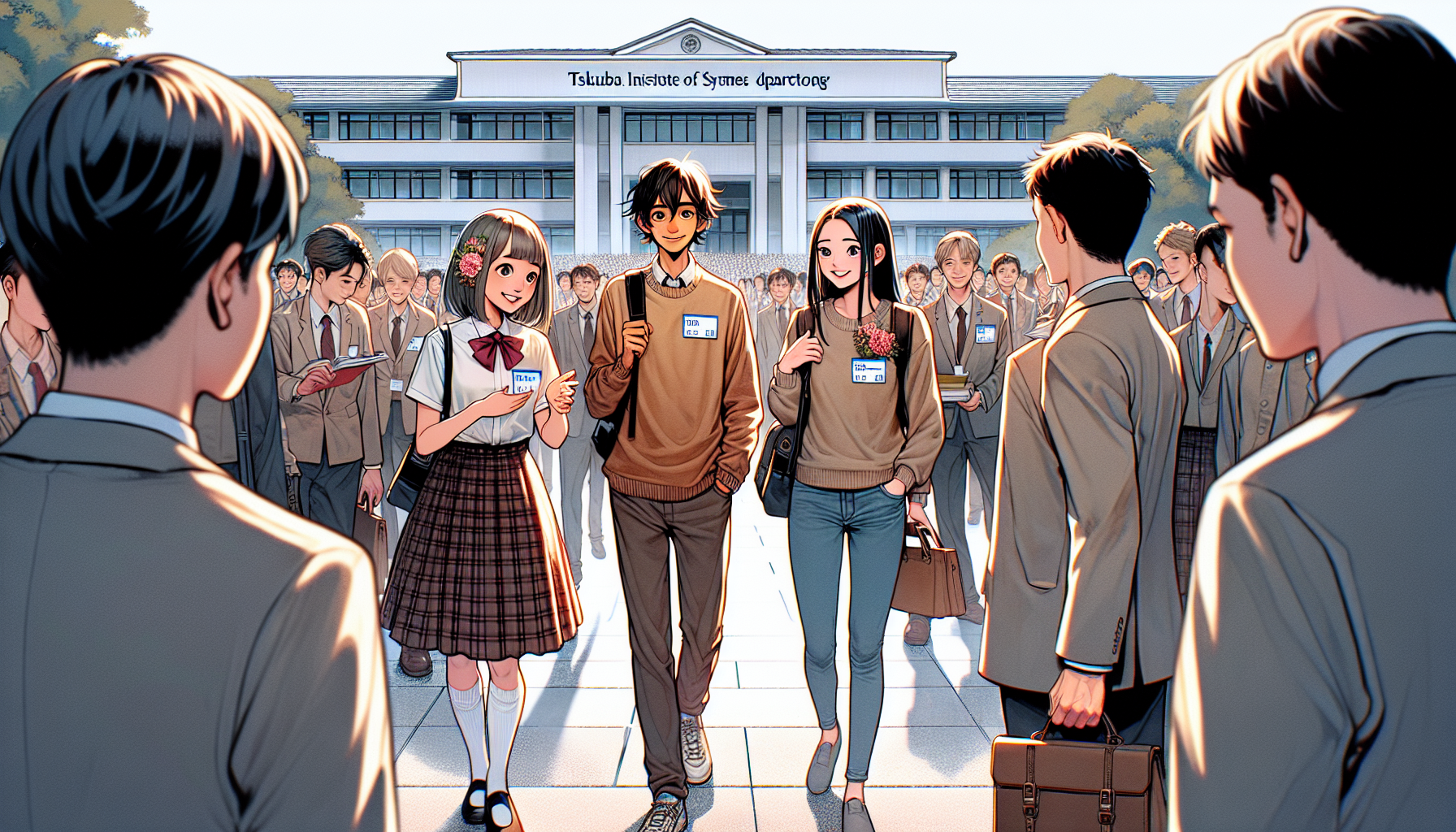 <b>簡潔な説明：</b>学校の前で学生たちが楽しそうに話しているシーン。<br><br><b>詳細な説明：</b>この画像には、学校の前で数人の学生が話しているシーンが描かれています。中央には男子生徒と二人の女子生徒がいて、男子生徒はリュックを背負い、手をポケットに入れています。女子生徒の一人は制服を着ており、笑顔で手を差し出しています。もう一人の女子生徒はカジュアルな服装をしていて、肩に花を飾っています。背景には多くの学生がいて、学校の建物も見えます。全体的に、楽しく活気のある登校風景のようです。