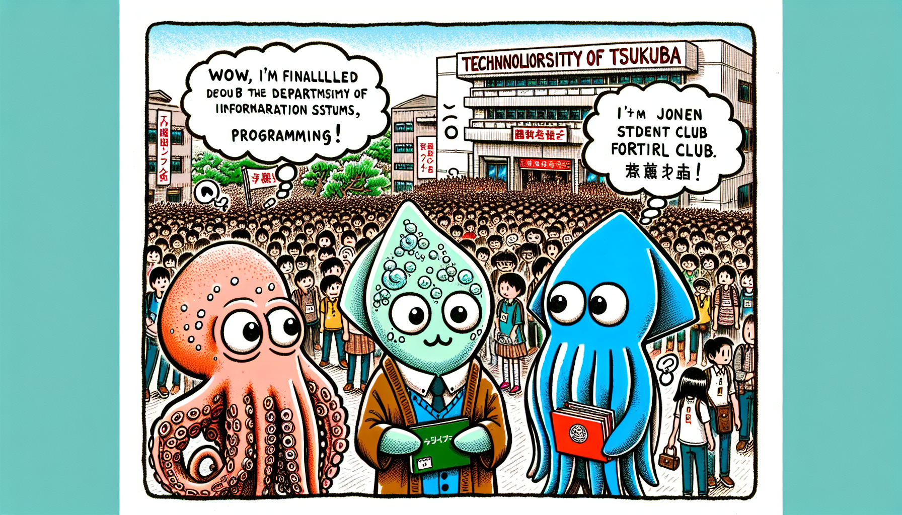 <b>簡潔な説明：</b>タコ、イカ、スルメイカが筑波技術大学の前で人々に囲まれ、タコがプログラミング、イカが学生クラブについて話しているユーモラスな画像。<br><br><b>詳細な説明：</b>この画像には、3つの海の生き物?タコ、イカ、そしてスルメイカ?が描かれています。彼らは大学のような場所の前に立っており、たくさんの人々が背景に並んでいます。タコはプログラミングについて話しており、イカは学生クラブについて言及しています。全体的に明るい色使いとユーモラスなスタイルが特徴的です。大学の看板には「筑波技術大学」と書かれているようです。