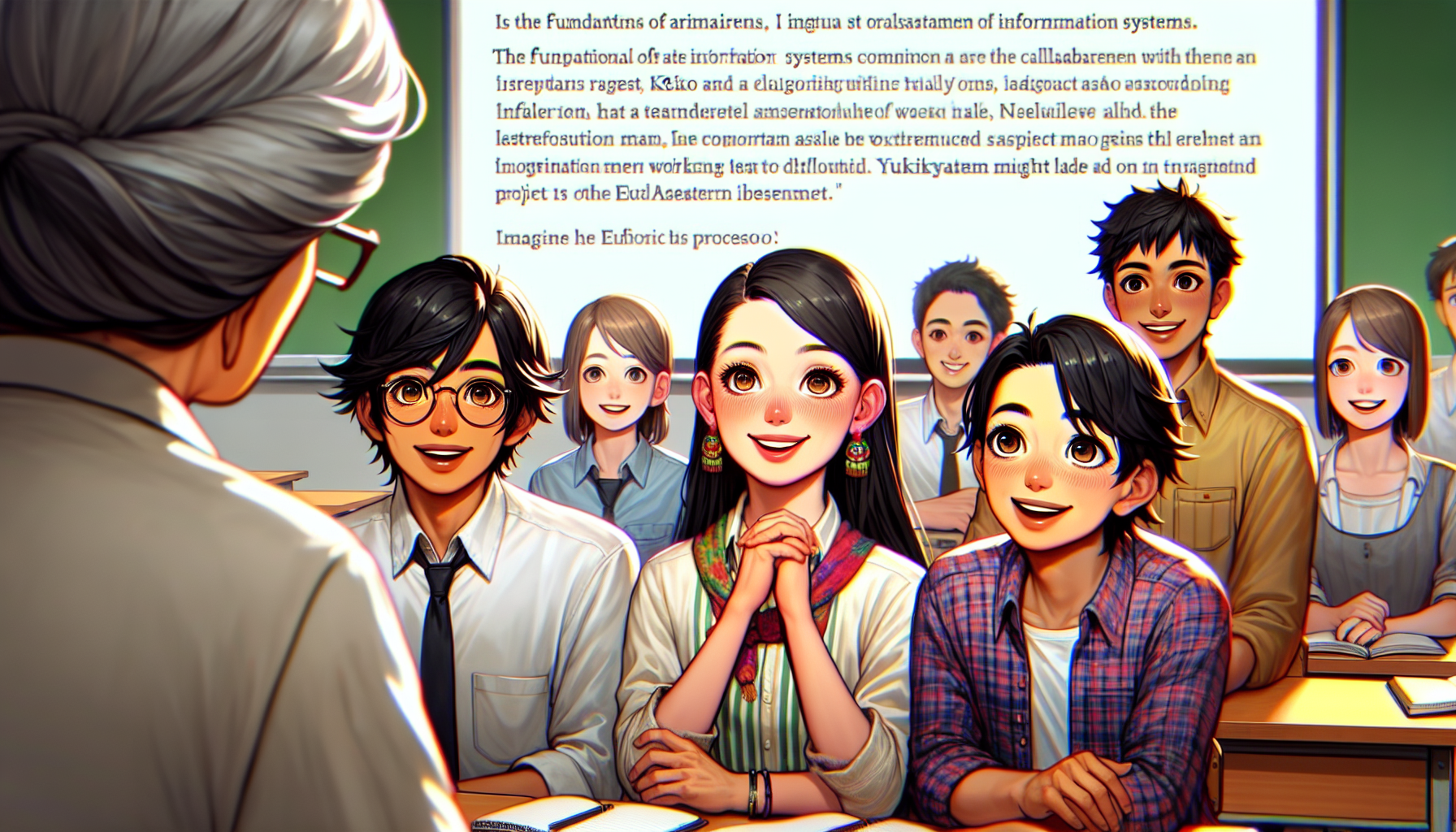 <b>簡潔な説明：</b>教室で楽しそうに座る学生たち、中央の女性が微笑む。明るい雰囲気。<br><br><b>詳細な説明：</b>この画像には、教室で座っている数人の学生たちが描かれています。彼らは楽しそうにしており、特に中央にいる女性が手を合わせて微笑んでいる姿が印象的です。彼女の周囲には、何人かの学生がいて、彼らも笑顔でカメラを見ています。背景には黒板があり、そこには文章が書かれているようです。

一般的に、学生たちは学びの場での楽しさや期待感を表現しています。全体的に明るく、ポジティブな雰囲気が漂っています。