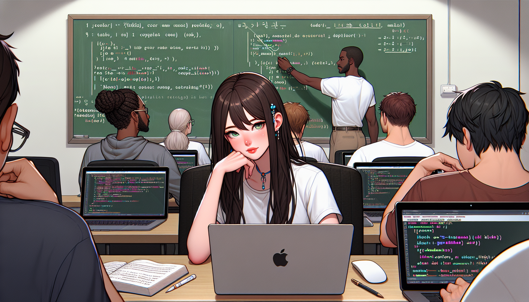<b>簡潔な説明：</b>プログラミング授業中の教室の内部、学生がノートパソコンを使用し、教師が黒板で教えている様子。<br><br><b>詳細な説明：</b>この画像には、教室の内部が描かれています。前方には黒板があり、プログラミングコードのような内容が書かれています。教室の中には数人の学生が座っており、彼らはノートパソコンを使っています。特に、一人の女の子が手で顎を支えながら考え込んでいる姿が印象的です。後ろには、教師が黒板に向かって教えている様子も見えます。全体として、プログラミングやコンピュータサイエンスの授業を受けているシーンが表現されています。