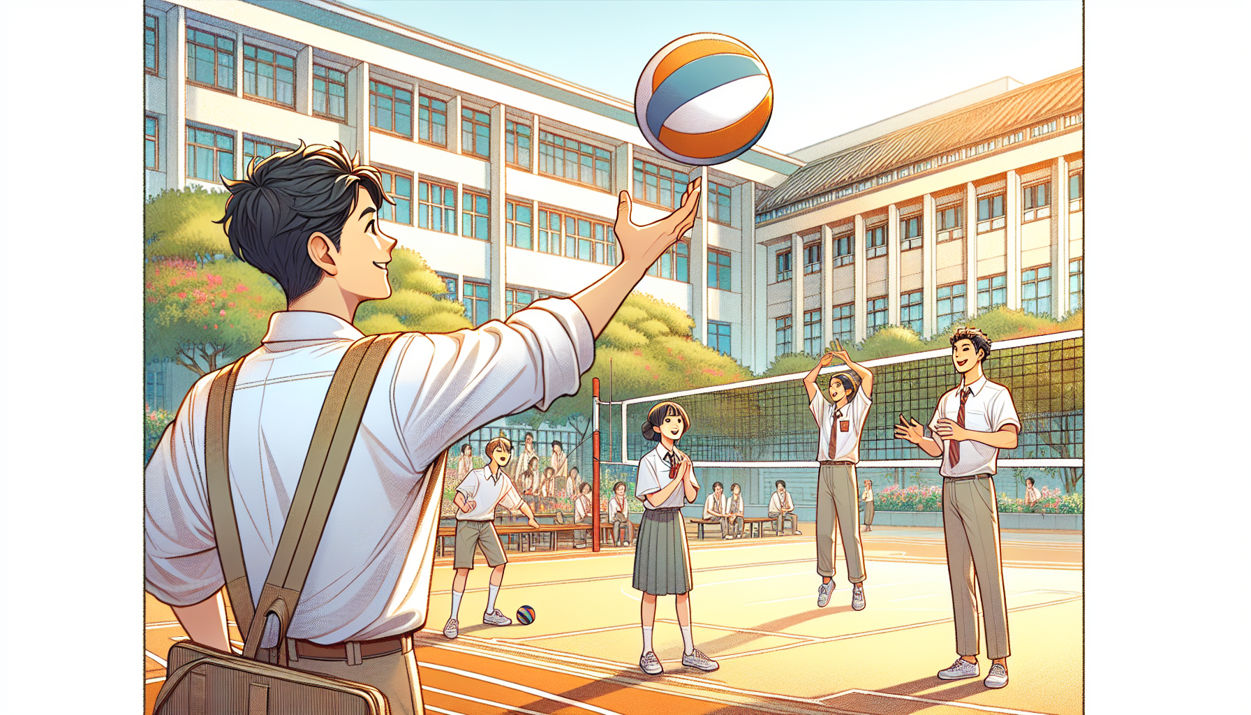 <b>簡潔な説明：</b>学校のバレーボールコートで楽しむ学生たちの活気あるシーン。<br><br><b>詳細な説明：</b>この画像には、学校のバレーボールコートでの活動が描かれています。中央の人物がバレーボールを投げ上げており、周囲には他の学生たちが楽しそうにプレーしています。建物は学校の施設で、背景には緑の木々や生徒たちが見え、活気のある雰囲気が伝わってきます。全体的に、青春や楽しさを感じさせるシーンです。