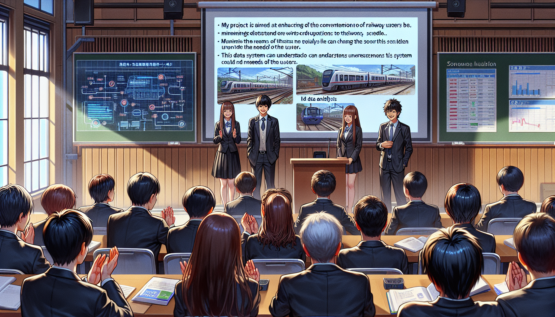 <b>簡潔な説明：</b>教室で鉄道データシステムのプレゼンテーションを行うフォーマルな服装の若者たちと、興味を持って拍手する聴衆の様子。<br><br><b>詳細な説明：</b>この画像には、教室の中でプレゼンテーションを行っている若者たちが描かれています。前方にはプロジェクターがあり、鉄道ユーザー向けのデータシステムに関する内容が表示されています。プレゼンターは二人の男性と二人の女性で、フォーマルな服装をしています。聴衆として座っている人々は、ビジネススーツを着ており、興味を持って拍手をしている様子が見受けられます。教室の壁には、グラフやデータが書かれたホワイトボードもあります。全体的に、学びの場での活発な発表のシーンが表現されています。