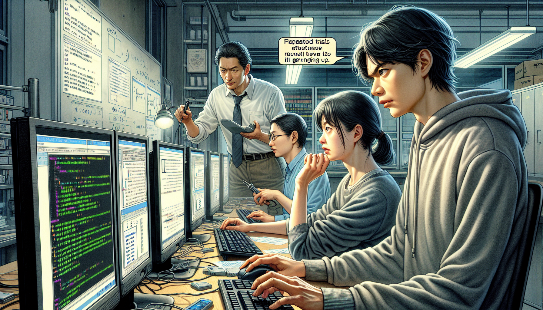 <b>簡潔な説明：</b>若者たちが研究室でコンピュータ作業をし、コードやデータを扱っている様子。<br><br><b>詳細な説明：</b>この画像には、数人の若者がコンピュータの前で作業している様子が描かれています。彼らは研究所または実験室のような環境にいて、複数のモニターに向かっています。コードやデータと思われる内容が画面に表示されており、一人の人物が説明しているか指示を出している様子が見受けられます。背景にはホワイトボードに数式やグラフが描かれていて、全体的に集中した雰囲気が漂っています。このシーンはプログラミングやデータ分析に関連している可能性があります。