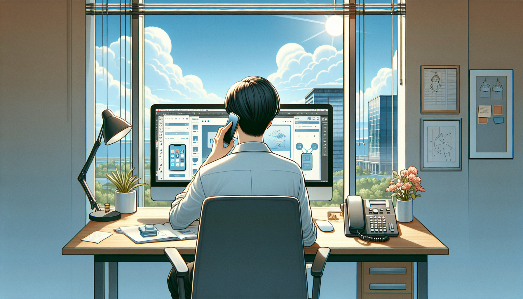 <b>簡潔な説明：</b>オフィスで仕事をする人物の後ろ姿、デスクにはコンピュータや観葉植物があり、外には青空と建物の景色。<br><br><b>詳細な説明：</b>この画像は、オフィスのデスクで仕事をしている人物の後ろ姿を描いています。デスクの上にはコンピュータがあり、画面にはアプリケーションのデザインやプロジェクトの詳細が表示されているようです。人物は電話を片手に持ちながら、業務を行っている様子です。窓の外には青空と雲が広がり、建物の景色が見えます。デスクの上には観葉植物や本、電話も置かれ、快適で整理された仕事環境を表しています。