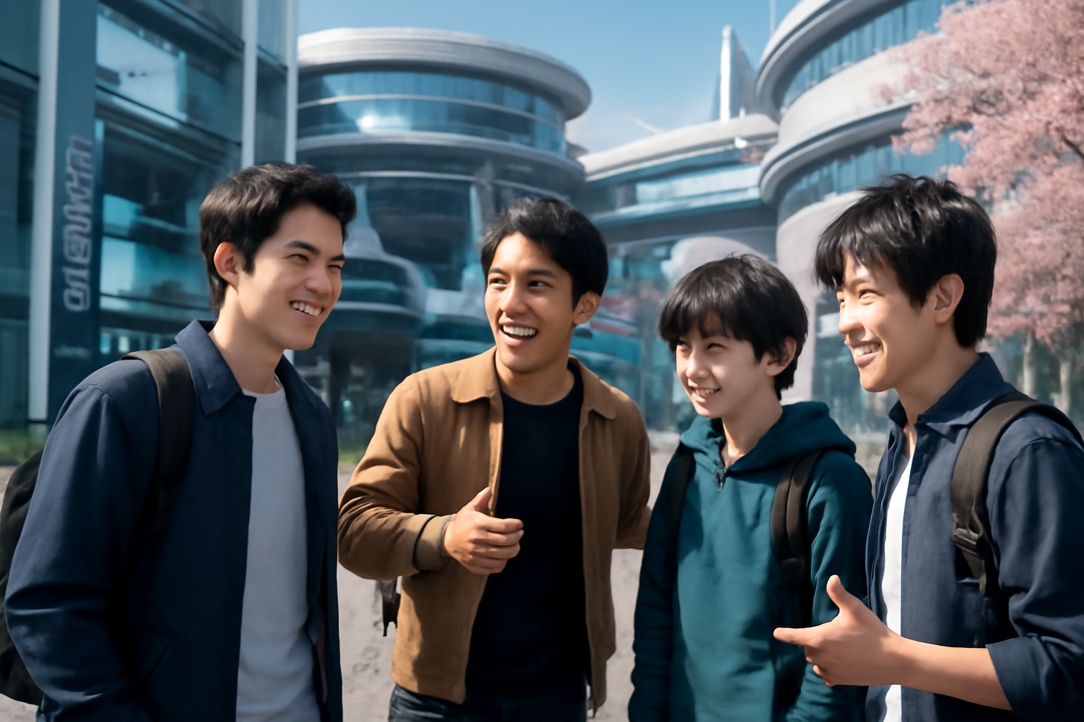 <b>簡潔な説明：</b>若い男性4人が屋外で楽しそうに会話し、笑顔を交わしている。背景には近未来的な建物と桜の木がある。<br><br><b>詳細な説明：</b>この画像には、4人の若い男性が描かれています。彼らは屋外で楽しそうに会話をしており、笑顔を交わしています。背景には近未来的な建物があり、桜の木が見える穏やかな風景が広がっています。彼らはカジュアルな服装をしており、リュックを背負っています。全体的に、友人同士の楽しい日常の一コマを表現しているようです。