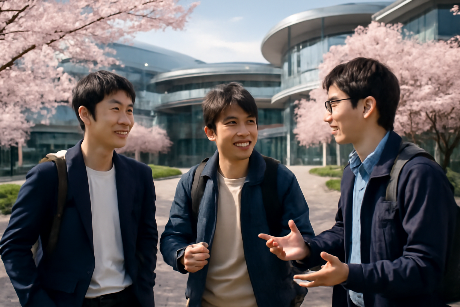 <b>簡潔な説明：</b>桜の木の下で楽しそうに会話する三人の若い男性のシーン。<br><br><b>詳細な説明：</b>この画像には、桜の木が咲いている背景で、三人の若い男性が楽しそうに会話をしている様子が描かれています。彼らはカジュアルな服装をしており、笑顔でお互いに話しかけています。背景には現代的な建物が見え、春の穏やかな雰囲気を感じさせます。全体的に、友好的で明るいシーンが表現されています。