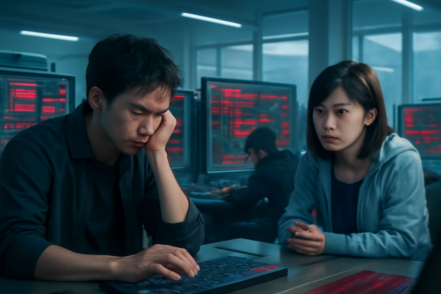 <b>簡潔な説明：</b>コンピュータの前で真剣に作業する男性と彼を見つめる女性、赤いデジタル画面が背景にある緊迫した雰囲気のシーン。<br><br><b>詳細な説明：</b>画像には、コンピュータの前に座っている二人の人物が描かれています。左側の男性は真剣な表情でキーボードを触りながら考え込み、右側の女性は彼を見つめているようです。背景には赤いデジタル画面があり、全体的にクールなトーンの照明が使われています。また、他にもコンピュータで作業をしている人物がいる様子が見えます。全体的には、緊迫した雰囲気の中での作業や会話が暗示されているシーンです。