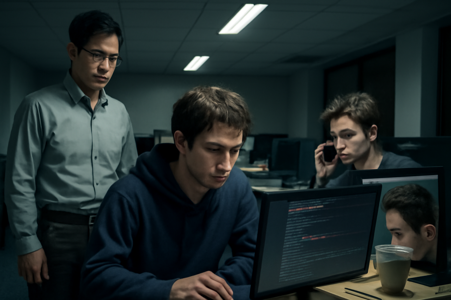 <b>簡潔な説明：</b>3人の人物が真剣な表情でコンピュータの前に座り、プログラミングや電話をしている様子が描かれた薄暗いオフィスのシーン。<br><br><b>詳細な説明：</b>この画像には、3人の人物が描かれています。彼らはコンピュータの前に座っており、真剣な表情をしています。1人は黒いフード付きの服を着てコンピュータに向かっており、プログラミングやデータ作業をしている様子です。その横には、別の人物が電話をしている姿が見えます。背景には、薄暗いオフィスのような環境が広がっており、他のコンピュータや家具も見えます。全体的に緊張感のあるシーンです。