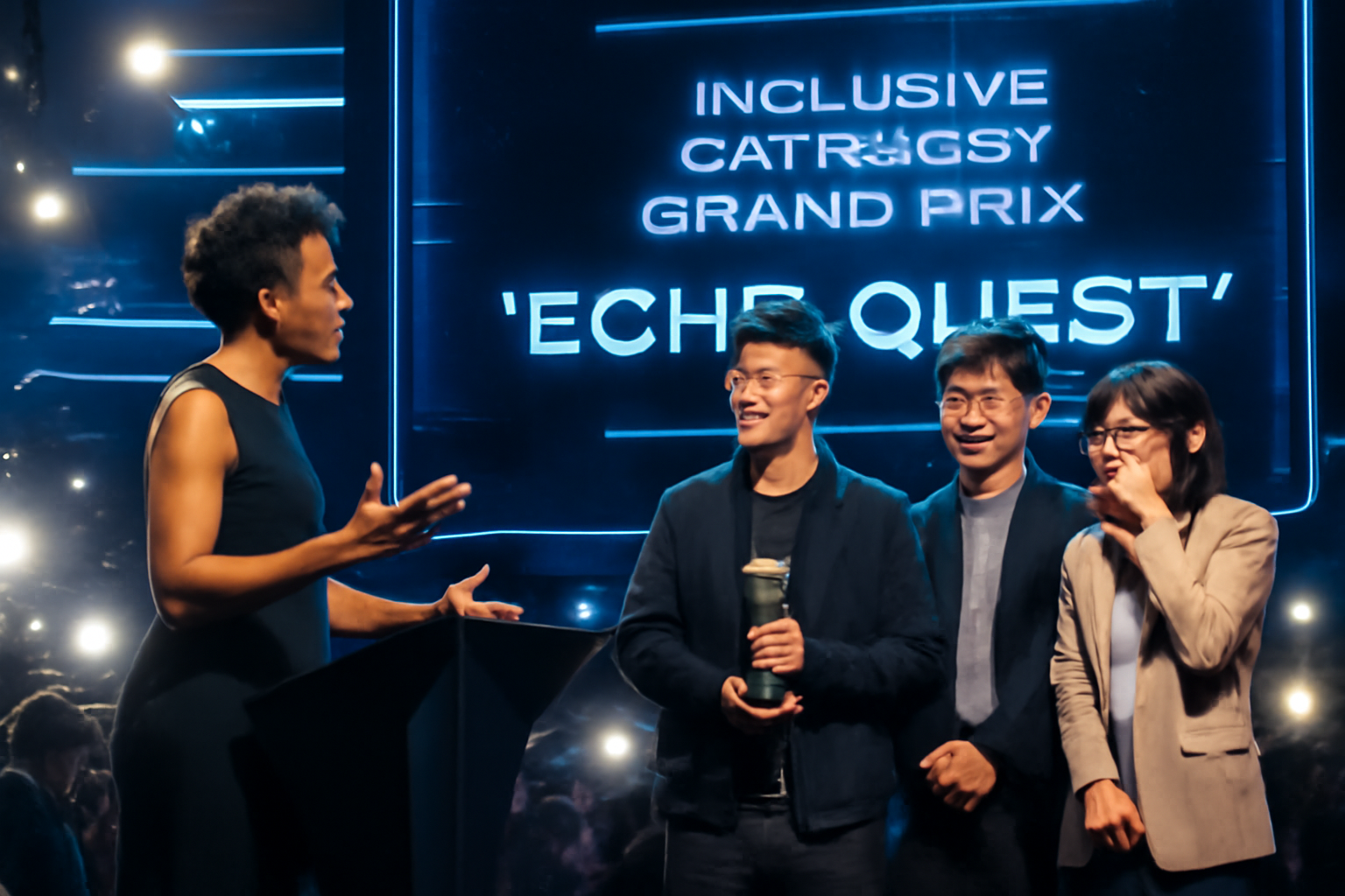 <b>簡潔な説明：</b>スピーチをする人物と3人の観客がいるイベントの様子。背景には「INCLUSIVE CATRAGSY GRAND PRIX 'ECHO QUEST'」の文字が青い光で装飾されている。<br><br><b>詳細な説明：</b>画像には、スピーチをしている一人の人物と、3人の観客が写っています。背景には、青い光で装飾された「INCLUSIVE CATRAGSY GRAND PRIX 'ECHO QUEST'」という文字が表示されています。スピーチをしている人物は、動作をしながら話しており、他の3人はその様子を見守っています。全体的に、イベントや表彰式のような雰囲気があります。周囲は暗めですが、ライトの効果で明るく照らされています。