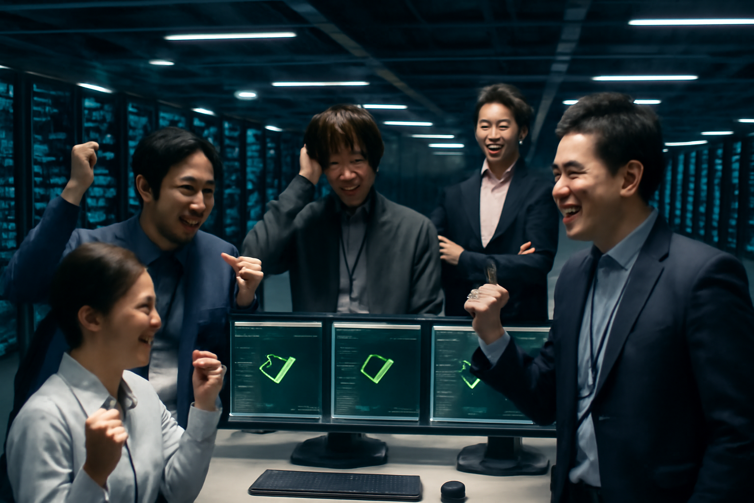 <b>簡潔な説明：</b>ビジネスパーソンがスーツを着て喜んでいる様子、コンピュータのモニターには緑色のデータが表示されている。<br><br><b>詳細な説明：</b>この画像には、数人のビジネスパーソンが集まって喜んでいる様子が描かれています。彼らはスーツを着ており、コンピュータのモニターの前に立っています。モニターには緑色のデータが表示されており、彼らの表情は楽しそうです。明るい照明の中で、明らかに何か良い知らせを受け取った後と思われる瞬間が捉えられています。背景にはサーバールームのような環境が見え、技術的な雰囲気を醸し出しています。