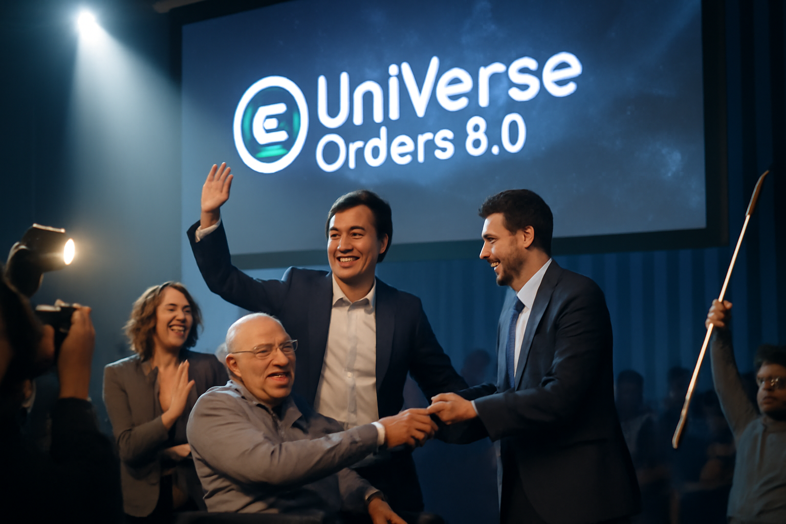 <b>簡潔な説明：</b>ビジネスイベントで「UniVerse Orders 8.0」の発表が行われ、笑顔の参加者たちが盛り上がっている様子。<br><br><b>詳細な説明：</b>画像には、ビジネスイベントか発表会の様子が描かれています。画面上には「UniVerse Orders 8.0」というタイトルが表示されており、数人の人物がステージ上で盛り上がっています。

左側には、車椅子に座った人物が笑顔でおり、手を握る姿が見えます。周囲の他の人々も笑顔で、拍手をしているようです。全体的に、成功したプレゼンテーションや成果の発表を祝っている印象を受けます。照明は明るく、雰囲気は活気に満ちています。