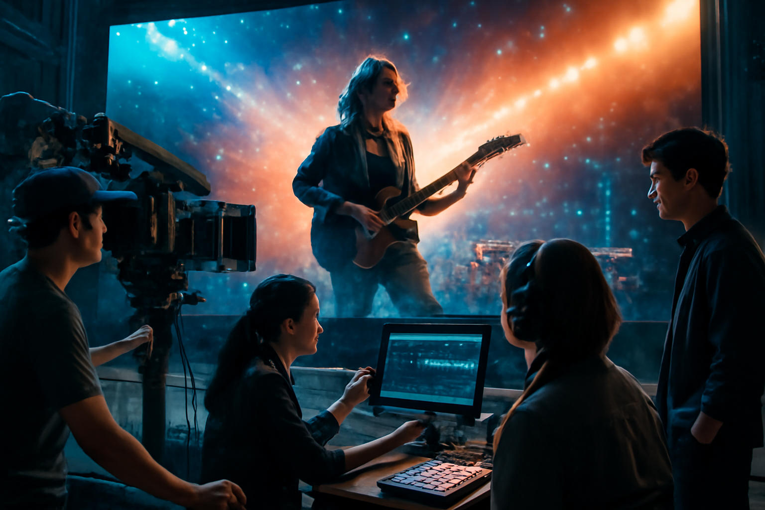<b>簡潔な説明：</b>音楽を演奏する人物と宇宙的な背景、制作中の人々がいる創造的なシーン。<br><br><b>詳細な説明：</b>この画像には、音楽を演奏している人物が背景に映し出されており、その後ろに星空のような宇宙的な風景があります。前景では、カメラを操作している人々やコンピュータを使っている人がいて、彼らはこのシーンを制作している様子が伺えます。全体的に、創造的な雰囲気と音楽のエネルギーが感じられる場面です。