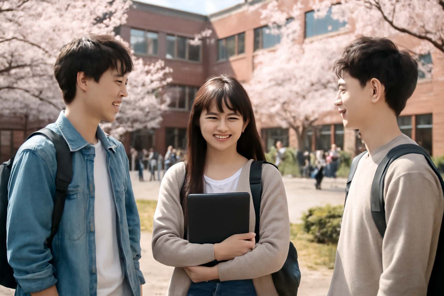 <b>簡潔な説明：</b>桜の咲くキャンパスで、3人の学生が楽しそうに会話している様子。<br><br><b>詳細な説明：</b>この画像には、桜の木が咲いている学校のキャンパスで、3人の学生が楽しそうに会話をしている様子が描かれています。中央の女性は笑顔で、手にノートパソコンを抱えています。彼女の両側には2人の男性がいて、彼らも笑顔で会話を楽しんでいるようです。背景には、他の学生たちがいる様子も見え、春の穏やかな雰囲気が感じられます。