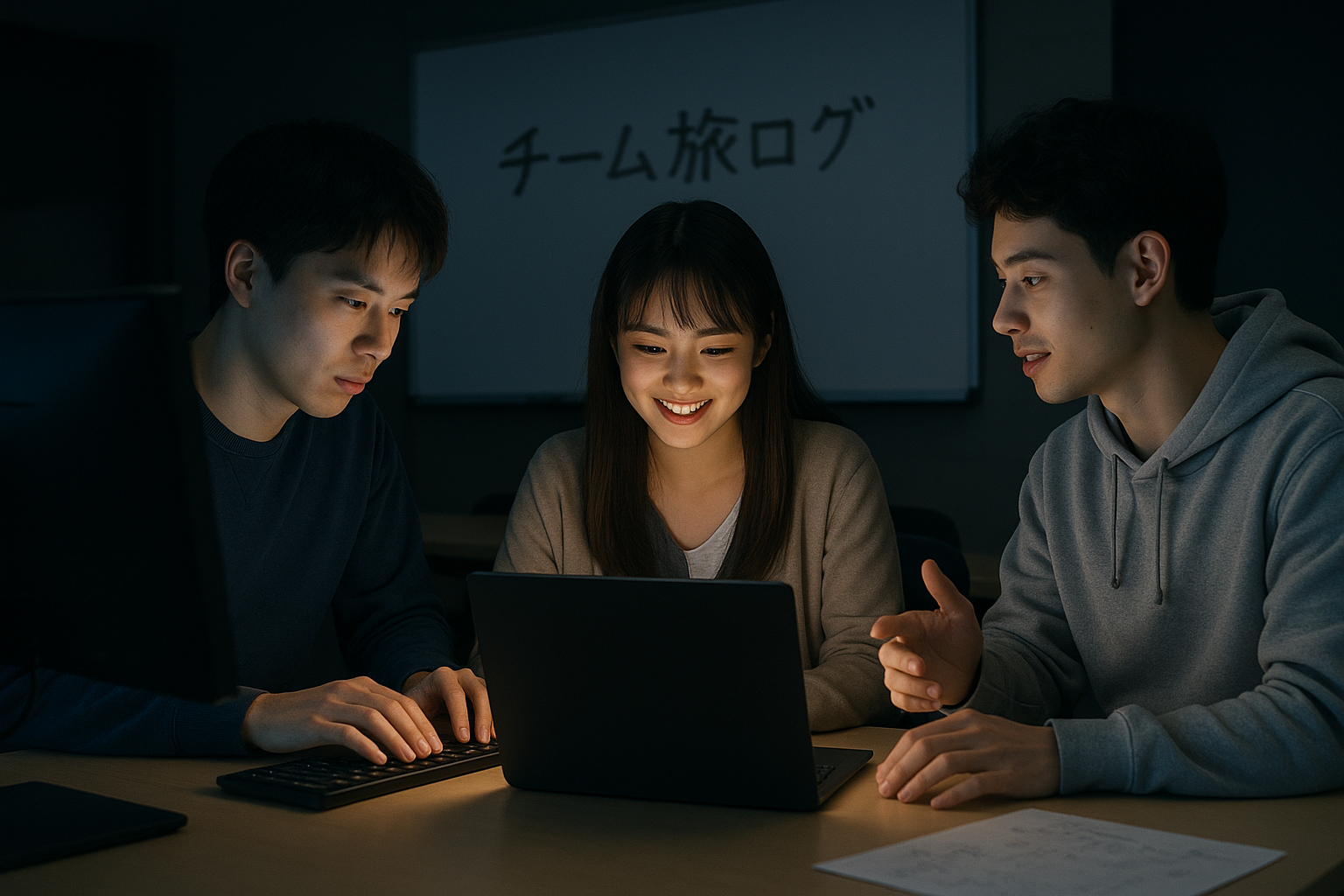 <b>簡潔な説明：</b>3人の若者がノートパソコンを囲み、協力して作業している様子。中央の女性は笑顔。背景に「チーム旅ログ」のホワイトボード。<br><br><b>詳細な説明：</b>この画像には、3人の若者が暗い部屋でノートパソコンを囲んでいる様子が描かれています。中央の女性は笑顔で、他の2人は彼女の方を見ながら何かを話しているようです。背景には「チーム旅ログ」という文字が書かれたホワイトボードが見えます。全体的に、彼らは協力して作業をしている雰囲気が伝わってきます。
