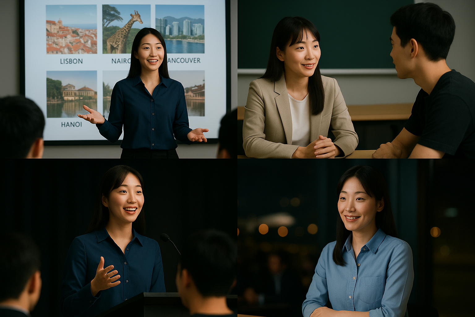 <b>簡潔な説明：</b>プレゼンテーションを行う女性と都市の背景、聴衆との会話を描いたコラージュ。<br><br><b>詳細な説明：</b>この画像は、プレゼンテーションや会話のシーンを描いた4つのコラージュです。上部には、プレゼンテーションを行っている女性がいて、背景には「リスボン」「ナイロビ」「バンクーバー」「ハノイ」といった都市の画像が表示されています。彼女は聴衆に向かって話している様子です。

下部の左側では、同じ女性がマイクの前で話している姿が見え、聴衆の一部が彼女を見ています。右側では、別のシーンで、彼女が別の人と会話をしている様子が描かれています。彼女はカジュアルな服装で、リラックスした表情をしています。全体的に、コミュニケーションやプレゼンテーションに関連するシーンが強調されています。