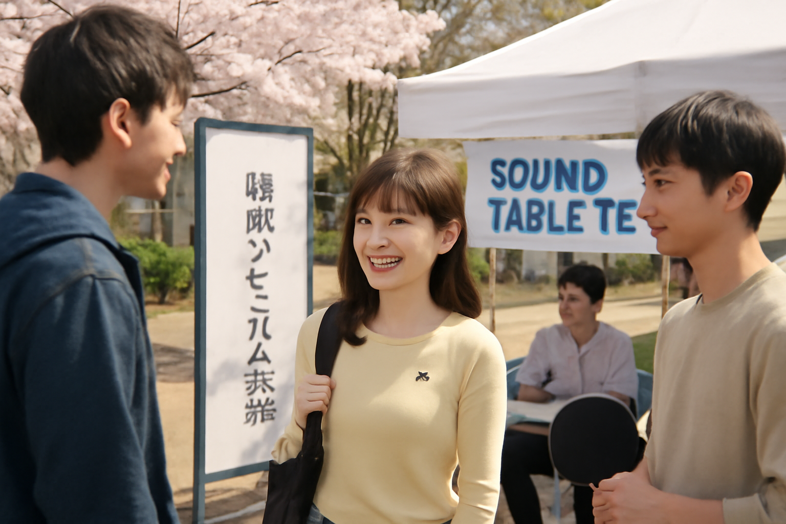 <b>簡潔な説明：</b>桜の木がある公園で、笑顔の女性と二人の男性が楽しそうにいるシーン。女性は明るい服と黒いバッグを持ち、背景には「SOUND TABLE TE」の看板があります。<br><br><b>詳細な説明：</b>この画像には、桜の木が背景にある公園のシーンが描かれています。中央には笑顔の女性がいて、彼女の周りには二人の男性がいます。女性は明るい色の服を着ており、黒いバッグを持っています。男性たちもカジュアルな服装をしています。背景には「SOUND TABLE TE」という文字が書かれた看板があり、他にも何かの案内が書かれた看板が見えます。全体的に、楽しそうな雰囲気が感じられます。