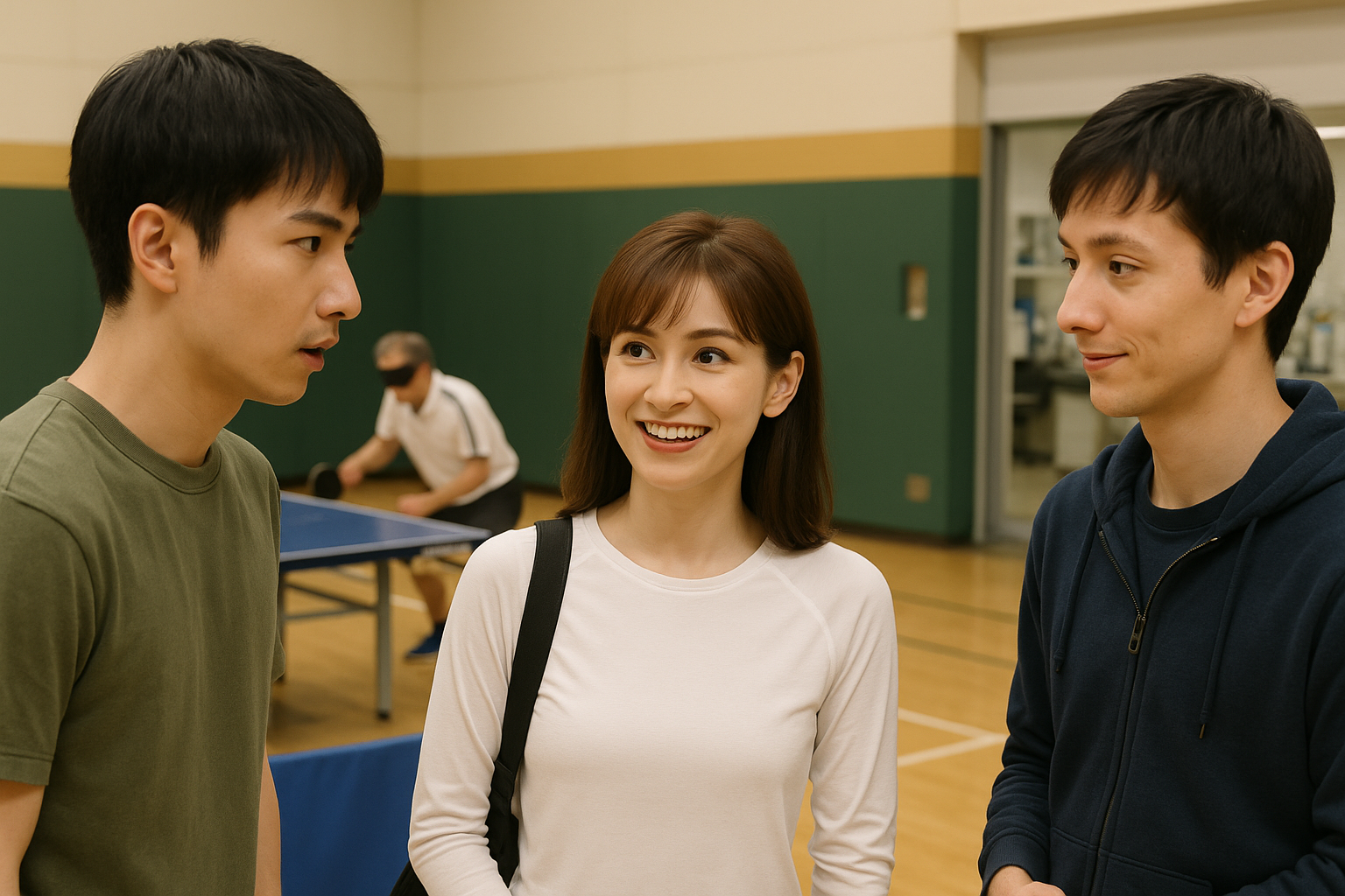<b>簡潔な説明：</b>3人の人物が描かれ、中央の笑顔の女性の両側に真剣な男性と穏やかな男性がいます。背景には卓球台と卓球をする別の人物がいます。<br><br><b>詳細な説明：</b>この画像には、3人の人物が描かれています。中央には笑顔の女性がいて、彼女の両側には2人の男性がいます。左側の男性は真剣な表情をしており、右側の男性は穏やかな表情をしています。背景には卓球台があり、別の人物が卓球をしている様子が見えます。全体的に、カジュアルな雰囲気の中での会話や交流が感じられます。