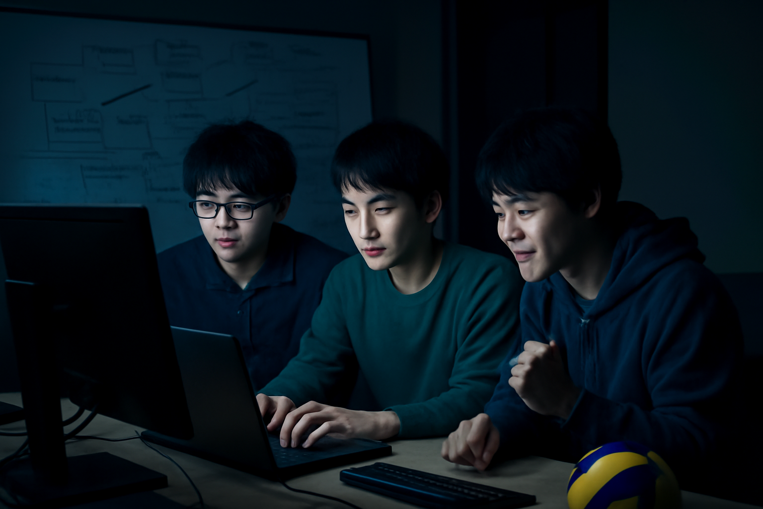 <b>簡潔な説明：</b>3人の若い男性がコンピュータの画面を見つめ、集中している様子。暗い環境で画面の光が顔を照らし、テーブルにはバレーボールがあり、背景にはホワイトボードがある。協力して作業している雰囲気。<br><br><b>詳細な説明：</b>この画像には、3人の若い男性がコンピュータの画面を見つめている様子が描かれています。彼らは集中しているようで、何かを楽しんでいるか、興味深いことを見ているようです。周囲は暗めの環境で、画面の光が彼らの顔を照らしています。また、テーブルの上にはバレーボールが置かれています。背景にはホワイトボードがあり、何かの計画やアイデアが書かれているようです。全体的に、協力して作業をしている雰囲気が感じられます。