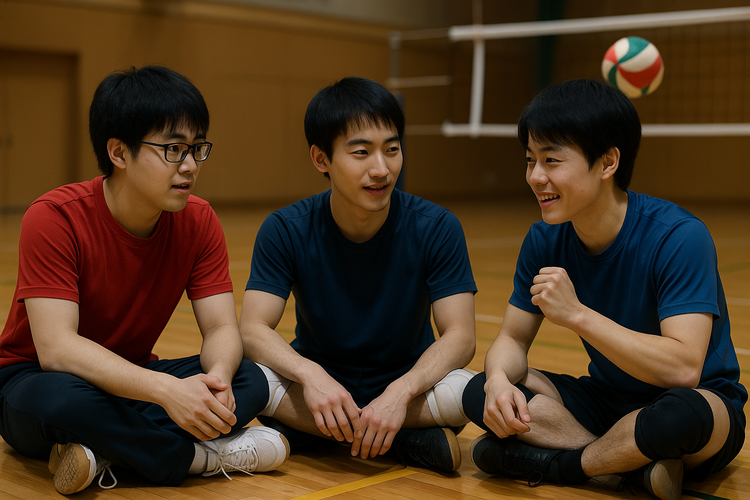 <b>簡潔な説明：</b>バレーボールコートでカジュアルなスポーツウェアの3人の若い男性が楽しそうに座って会話している。<br><br><b>詳細な説明：</b>画像には、バレーボールのコートと思われる場所で、3人の若い男性が座っている様子が描かれています。彼らはカジュアルなスポーツウェアを着ており、楽しそうに会話をしています。背景にはバレーボールネットが見え、空中にはバレーボールが浮かんでいます。全体的に、友好的でリラックスした雰囲気が感じられます。