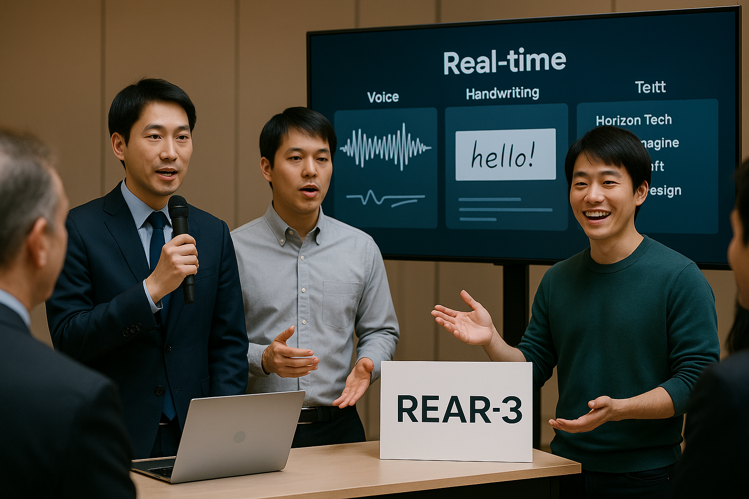<b>簡潔な説明：</b>ビジネスプレゼンテーションのシーンで、二人の男性が話し、スクリーンに「Real-time」と表示されている。テーブルには「REAR-3」のボードがある。<br><br><b>詳細な説明：</b>この画像には、ビジネスのプレゼンテーションやデモンストレーションのシーンが描かれています。中央に立っている二人の男性が話しており、一人はマイクを持ってプレゼンテーションを行っています。背景には「Real-time」というタイトルが表示されたスクリーンがあり、音声や手書きに関する情報が示されています。また、テーブルの上には「REAR-3」という表示があるボードが置かれています。全体的に、技術や製品の紹介を行っている様子が伺えます。