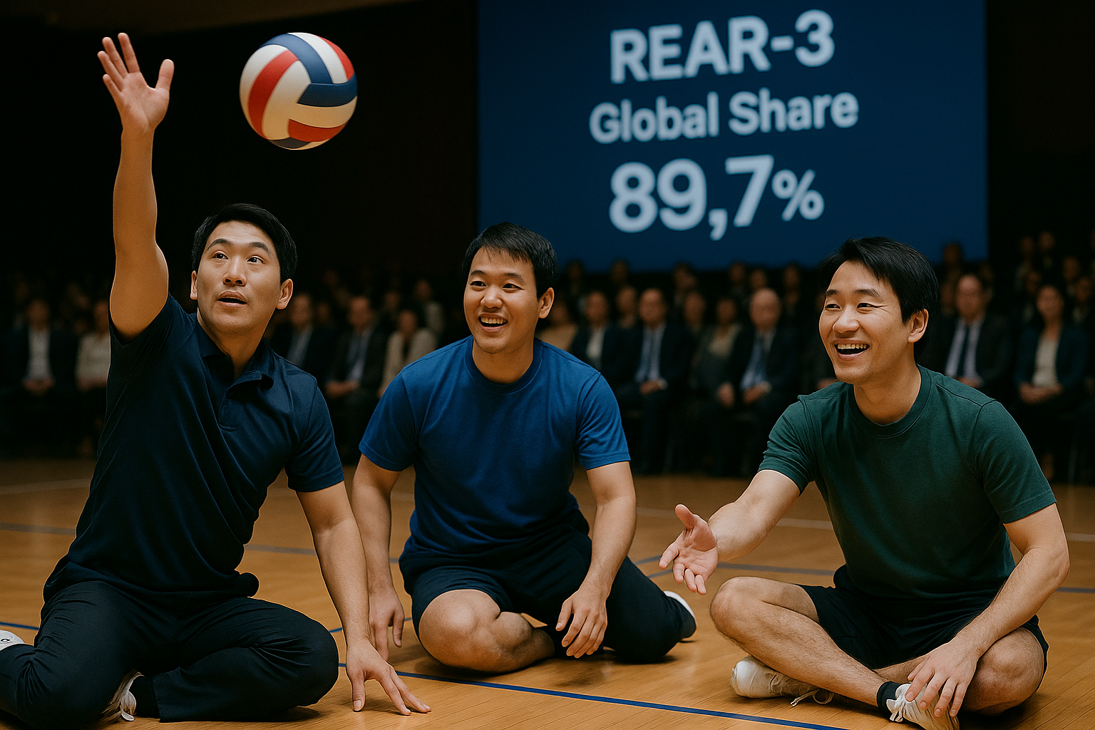 <b>簡潔な説明：</b>3人の男性が床に座ってバレーボールで遊んでいるシーン。背景にはビジネス関連のテキストがあり、観客も見える。<br><br><b>詳細な説明：</b>この画像には、3人の男性がバレーボールを使って遊んでいるシーンが描かれています。彼らは床に座っており、1人がボールを投げようとしている様子が見えます。背景には「REAR-3」や「Global Share 89,7%」といったテキストが表示されており、ビジネスやプレゼンテーションの場面であることを示唆しています。観客が後ろに座っているのも確認できます。全体的に、楽しさと競争心が感じられる瞬間です。