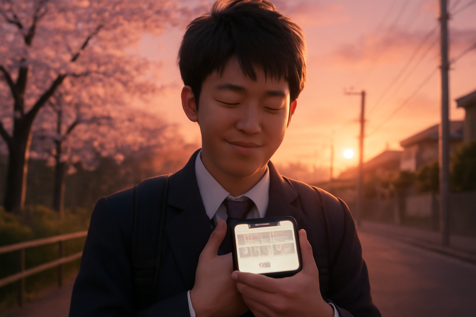 <b>簡潔な説明：</b>夕暮れの桜の背景に、制服の若い男性がスマートフォンを抱えて微笑む温かい風景。<br><br><b>詳細な説明：</b>この画像には、夕暮れ時の風景が描かれています。桜の木が背景にあり、柔らかなピンク色の空が広がっています。前景には、制服を着た若い男性が立っており、スマートフォンを胸に抱えて微笑んでいます。彼の表情は穏やかで、何か嬉しいことを思い出しているように見えます。全体的に、温かい雰囲気と感情が感じられるシーンです。