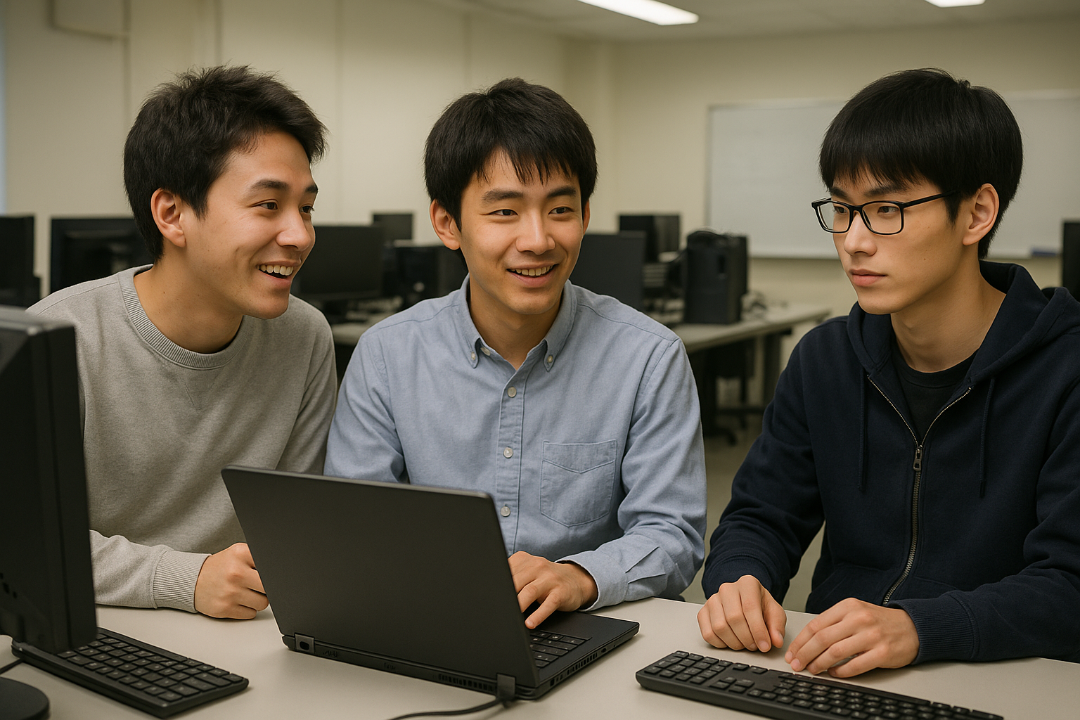 <b>簡潔な説明：</b>3人の若い男性がコンピュータの前で楽しそうに会話している教室の様子。<br><br><b>詳細な説明：</b>画像には、3人の若い男性がコンピュータの前に座っている様子が描かれています。彼らは笑顔で、楽しそうに会話をしているようです。中央にはノートパソコンがあり、周囲にはデスクトップコンピュータが並んでいる教室のような環境です。全体的に、リラックスした雰囲気で、友人同士の交流が感じられます。