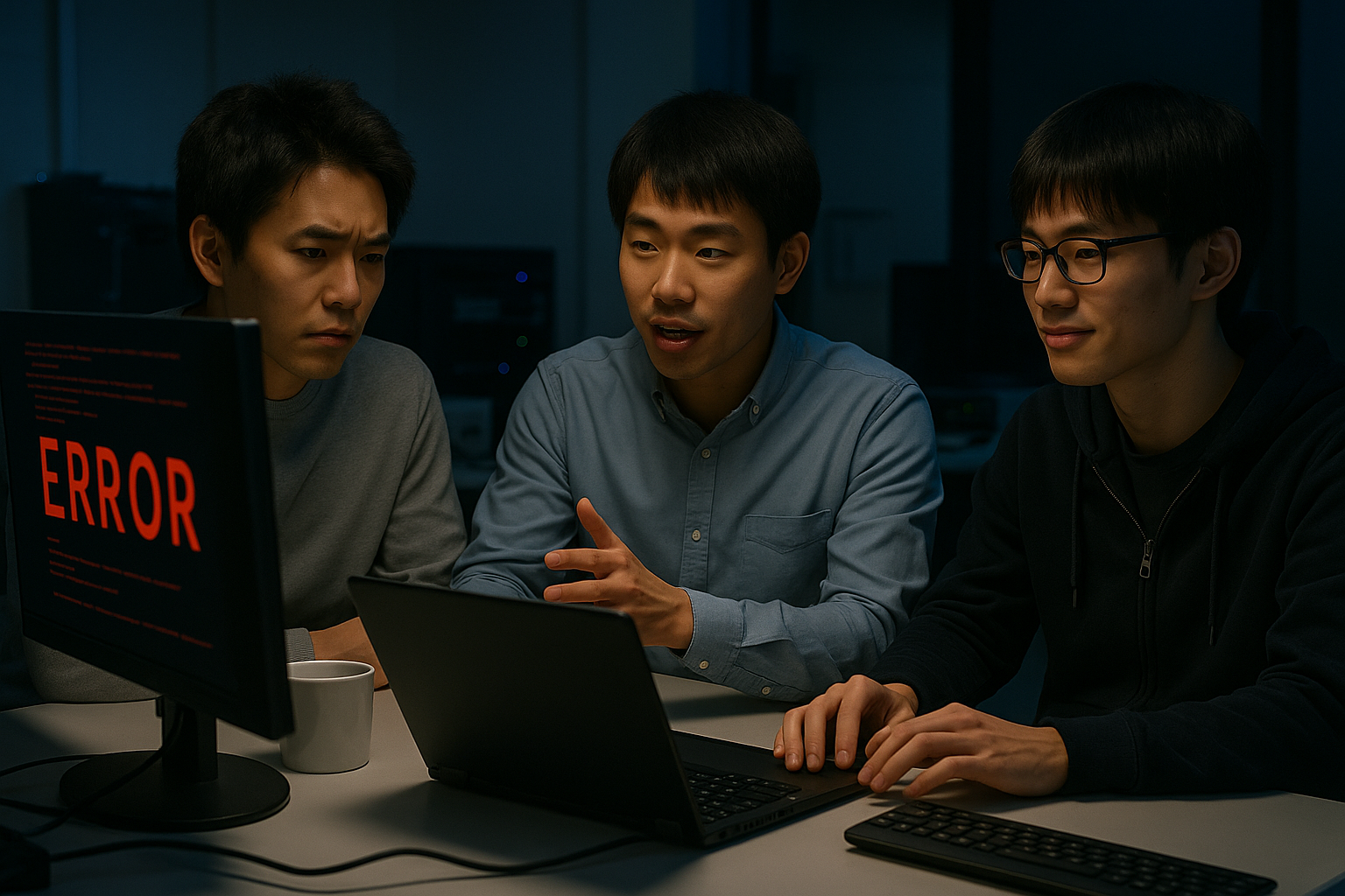 <b>簡潔な説明：</b>3人の若い男性がコンピュータの前で真剣に話し合い、画面には「ERROR」と表示されている。<br><br><b>詳細な説明：</b>この画像には、3人の若い男性がコンピュータの前に座っている様子が描かれています。彼らは真剣な表情をしており、中央の男性が話しているようです。画面には「ERROR」という赤い文字が表示されており、何らかの問題が発生していることを示唆しています。周囲は暗めの環境で、デスク上にはコーヒーカップも見えます。全体的に、技術的な問題に対処しているシーンのようです。
