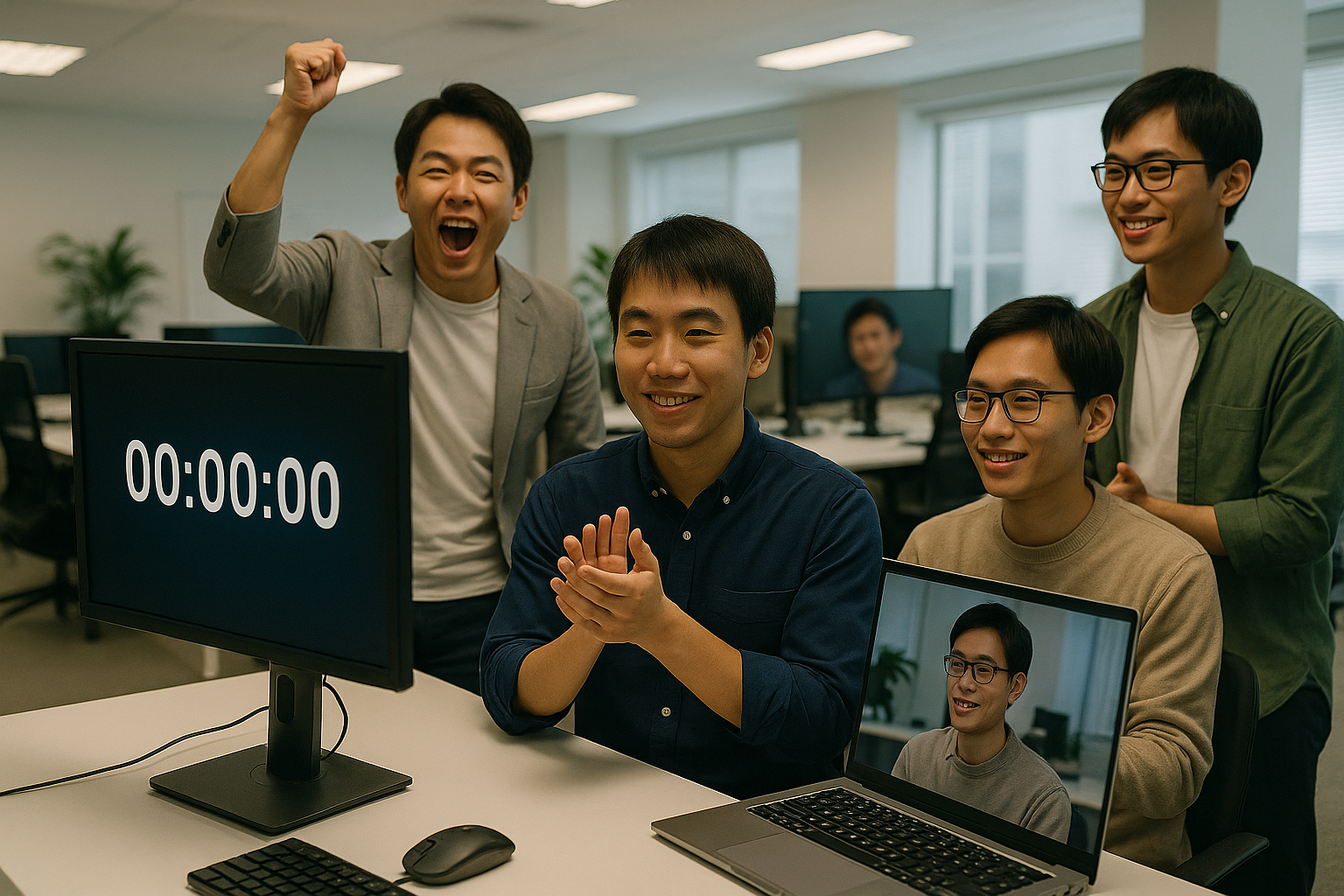 <b>簡潔な説明：</b>オフィスで男性たちが集まり、カウントダウンタイマーが「00:00:00」を表示。喜びを表現し、成功を祝っている様子。<br><br><b>詳細な説明：</b>この画像には、オフィスのような環境で数人の男性が集まっている様子が描かれています。中央には大きなモニターがあり、カウントダウンタイマーが「00:00:00」と表示されています。手前にはノートパソコンがあり、その画面には別の男性の顔が映っています。周囲の人々は喜んでいる様子で、拍手をしたり、笑顔を見せたりしています。全体的に、何かの成功や達成を祝っている雰囲気が感じられます。