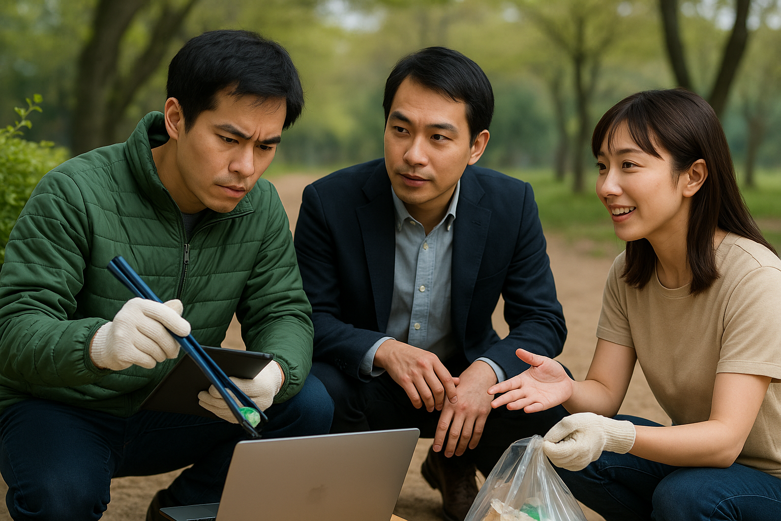 <b>簡潔な説明：</b>公園で環境保護活動を行う3人の人物が、ノートパソコンやタブレットを使いながら話し合っている様子。全員が手袋を着用。<br><br><b>詳細な説明：</b>この画像には、3人の人物が描かれています。彼らは屋外の公園のような場所にいて、1人はノートパソコンの前に座り、もう1人はタブレットを持ちながら何かに集中しています。3人目の人物は、話をしているようで、手を使って説明をしている様子です。全員が手袋を着用しており、周囲にはゴミ袋が見えます。彼らは環境保護や清掃活動に関わっている可能性があります。背景には緑の木々があり、穏やかな雰囲気が漂っています。