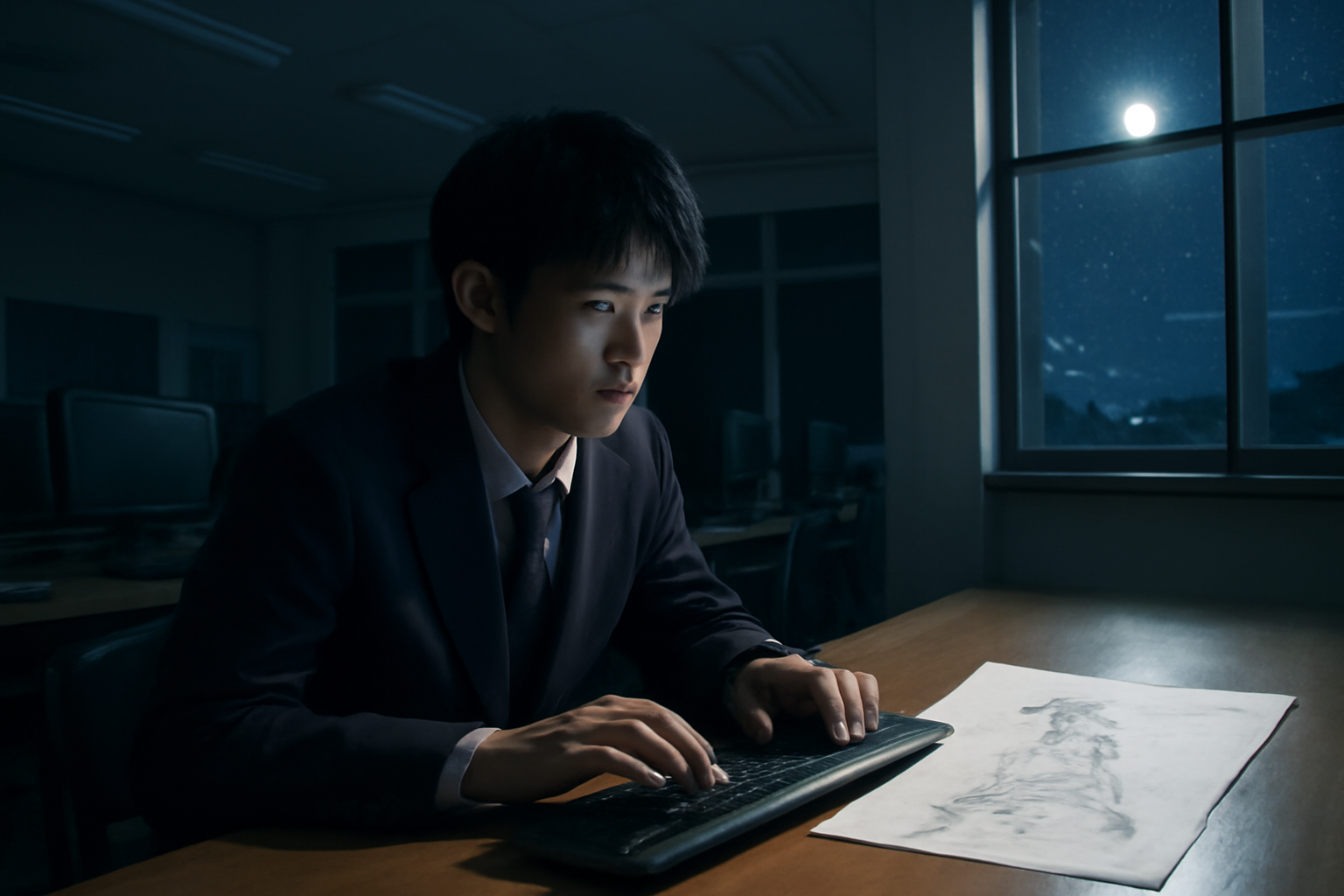 <b>簡潔な説明：</b>夜の教室でスーツ姿の若い男性が真剣にコンピュータを打っている。月明かりが差し込む静かな雰囲気。<br><br><b>詳細な説明：</b>画像には、夜の教室でコンピュータのキーボードを打っている若い男性が描かれています。彼はスーツを着ており、真剣な表情をしています。窓の外には月が輝いており、周囲は薄暗いですが、月明かりが部屋に差し込んでいます。机の上には何かの絵が描かれた紙が置かれています。全体的に静かな雰囲気が漂っています。