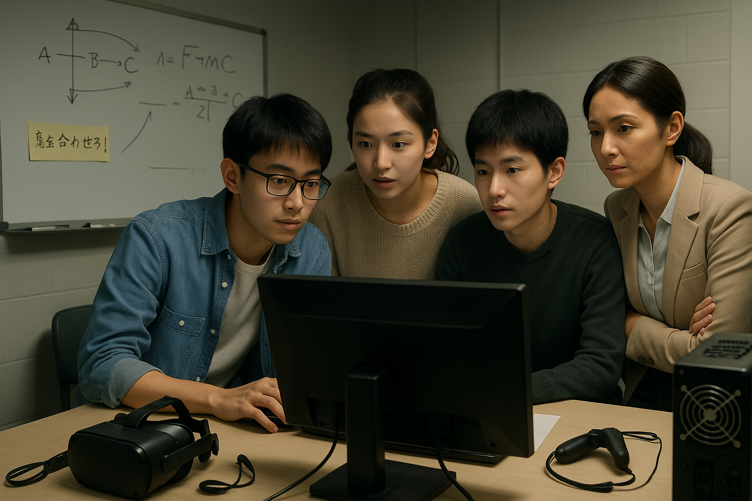 <b>簡潔な説明：</b>若者4人がコンピュータを見つめ、真剣に学習や研究をしている様子。背景にはホワイトボードとテーブル上のVRヘッドセットやゲームコントローラー。<br><br><b>詳細な説明：</b>この画像には、4人の若者がコンピュータの画面を見つめている様子が描かれています。彼らは真剣な表情をしており、何かに集中しています。背景にはホワイトボードがあり、数式や図が書かれています。また、テーブルの上にはVRヘッドセットやゲームコントローラーが置かれています。全体的に、学習や研究をしている雰囲気が感じられます。