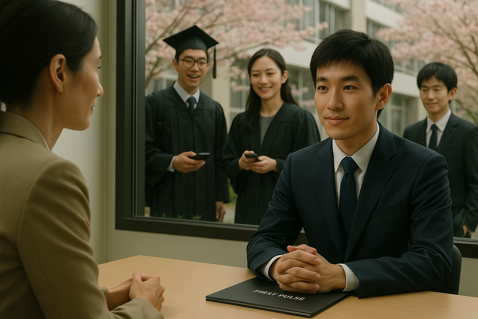 <b>簡潔な説明：</b>面接中の男性とその様子を見守る卒業生たち、背景には桜の木がある春の風景。<br><br><b>詳細な説明：</b>この画像には、面接を受けている男性と、その様子を外から見ている数人の卒業生が描かれています。男性はスーツを着ており、テーブルの上には「FIRST PULSE」と書かれたファイルがあります。彼の前には女性が座っており、面接を行っているようです。外には卒業式の衣装を着た数人の学生がいて、スマートフォンを持ちながら彼らの様子を見ています。背景には桜の木が見え、春の雰囲気が漂っています。