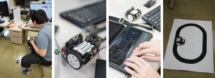 左から「床にロボットを置く学生」「ロボット近景」「BrailleSenseを使っている様子」「ライントレース用のシートに置かれたロボット」