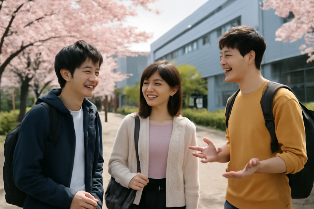 AIで生成された画像。桜の咲くキャンパスを背景に、男子学生が左右に1名ずつ、女子学生が1名真ん中に立ち、談笑している。